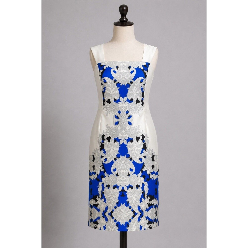 Worthington Womens Dress Size 10 White Blue Black Floral Sheath Sleeveless